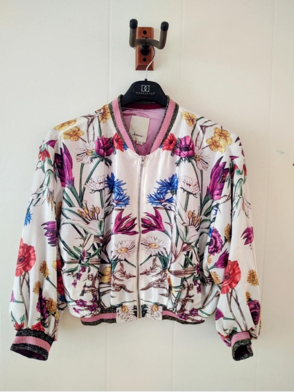 Anthropologie Bomber Jacket - White Floral Print EUC.  Small.
